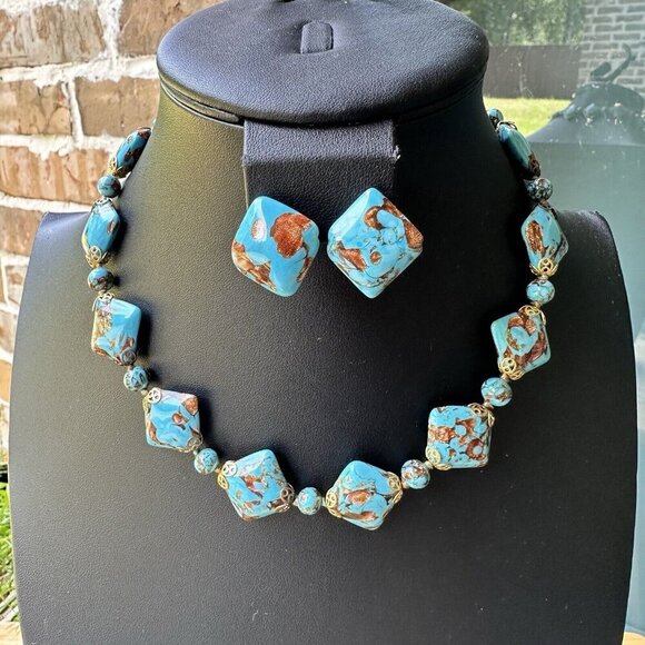 VTG‎ Venetian Turquoise Aventurine Murano Glass Bead Necklace + Earrings 18" - Picture 1 of 13
